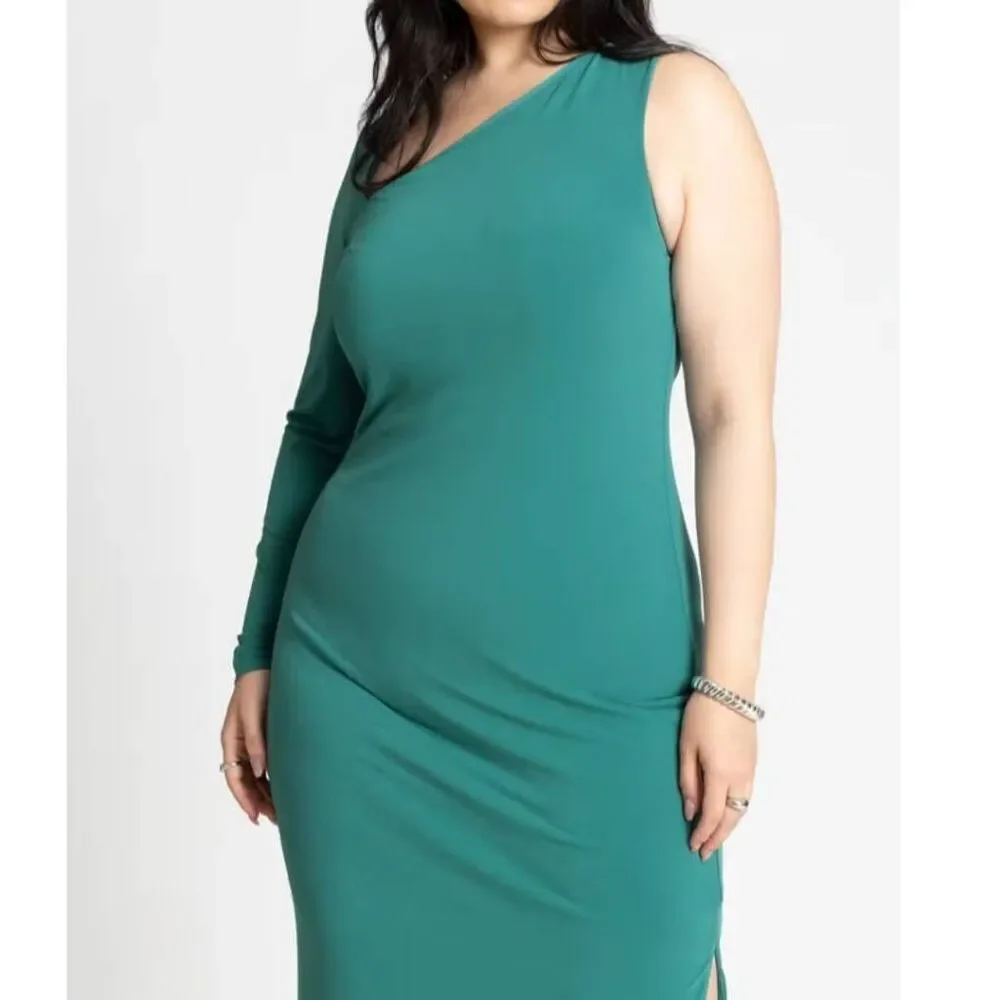 NWT Eloquii Plus Size 20 One Shoulder Maxi Dress with Side Slit in Antique Green